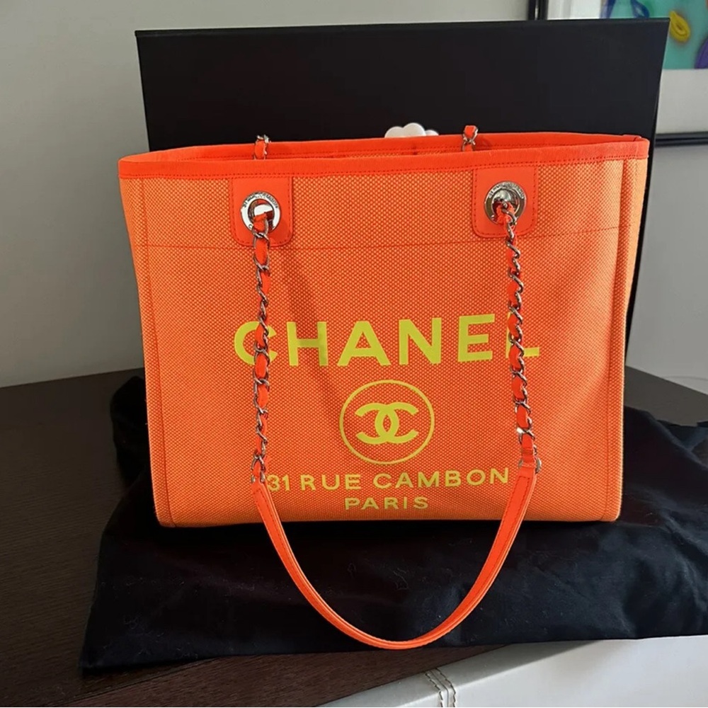 Chanel Deauville Orange Chain cloth handbag Medium With Box
